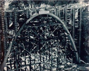 black-and-white photo of the Bridge to Nowhere contruction